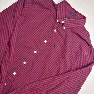 Abercrombie & Fitch Mens XL Slim Fit Red Navy Gingham Moose Logo Button Down